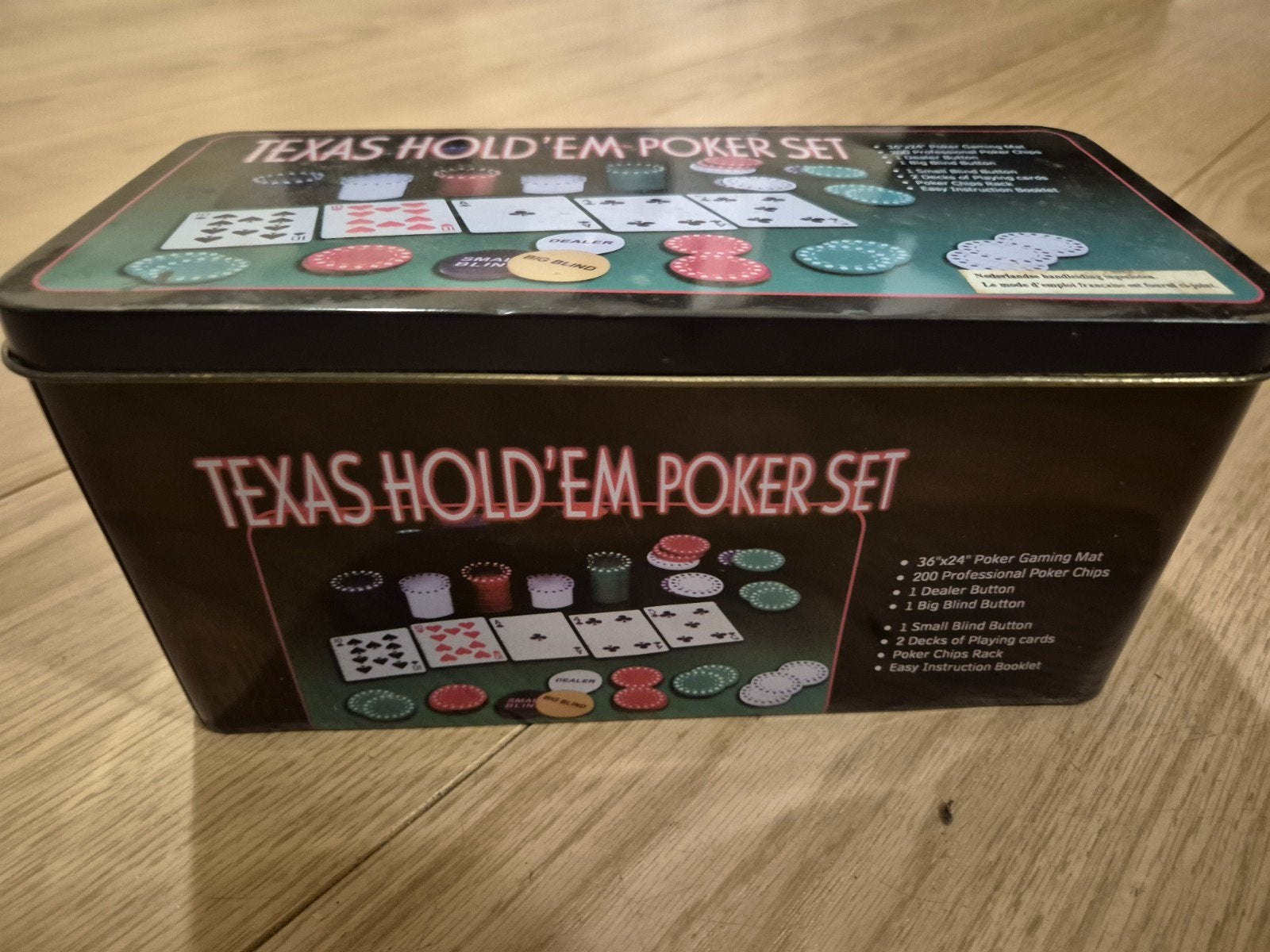 Texas Hold'em Poker Set in blikken doos, Drie of vier spelers, Ophalen of Verzenden, Gebruikt
