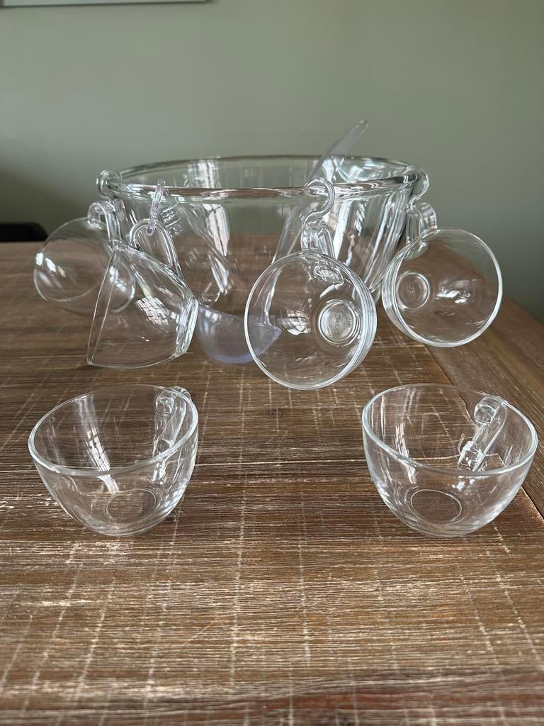 Glazen bowlschaal met 9 bowl glazen en bowllepel, Ophalen, Zo goed als nieuw, Overige typen