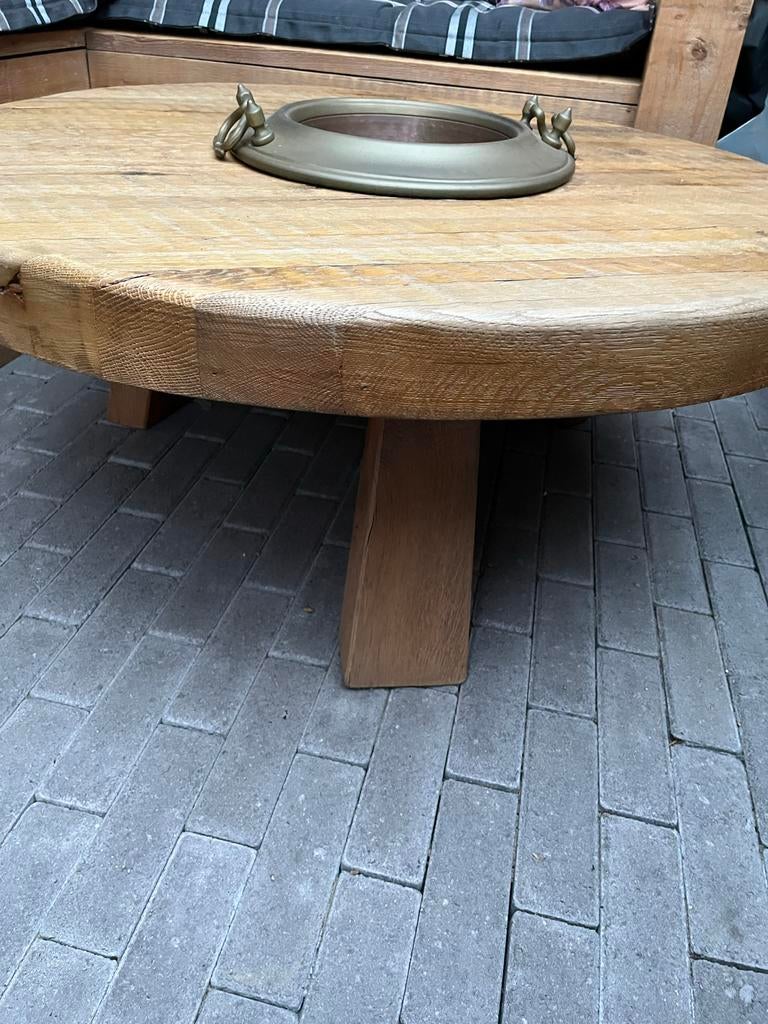 Robuuste houten tafel met koperen bak, Gebruikt, 100 tot 150 cm, Rond, Ophalen of Verzenden