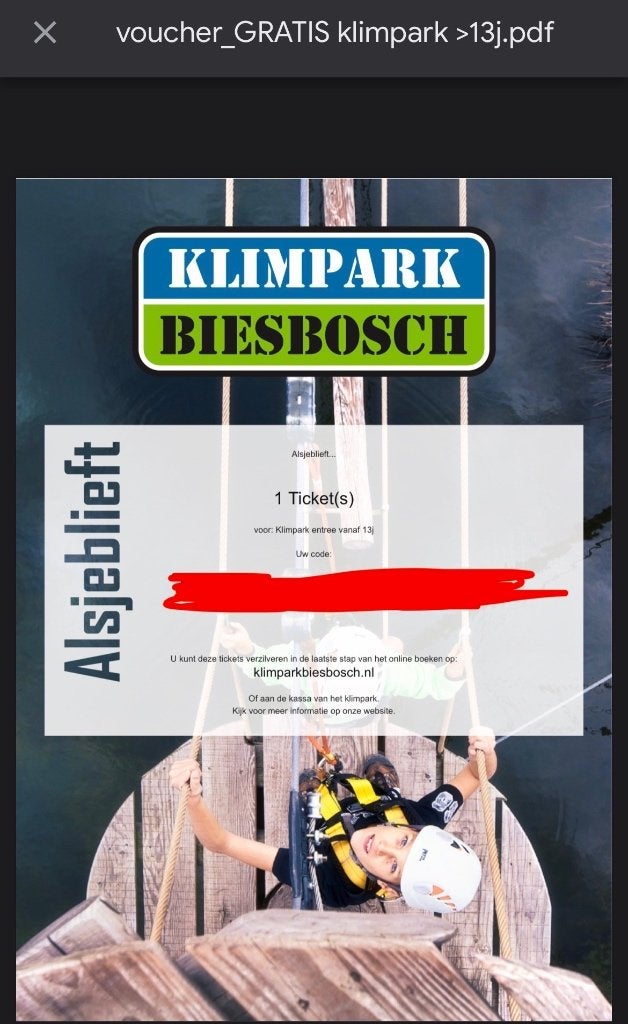 TE KOOP Klimbos Biesbosch Ticket Voucher t.w.v. €26,-, Tickets en Kaartjes, Eén persoon, Ticket of Toegangskaart