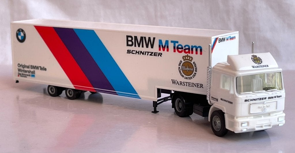 Herpa 859127: MAN F90 oplegger "BMW M-team Schnitzer" (DTM), Ophalen of Verzenden, Zo goed als nieuw, Bus of Vrachtwagen, Herpa