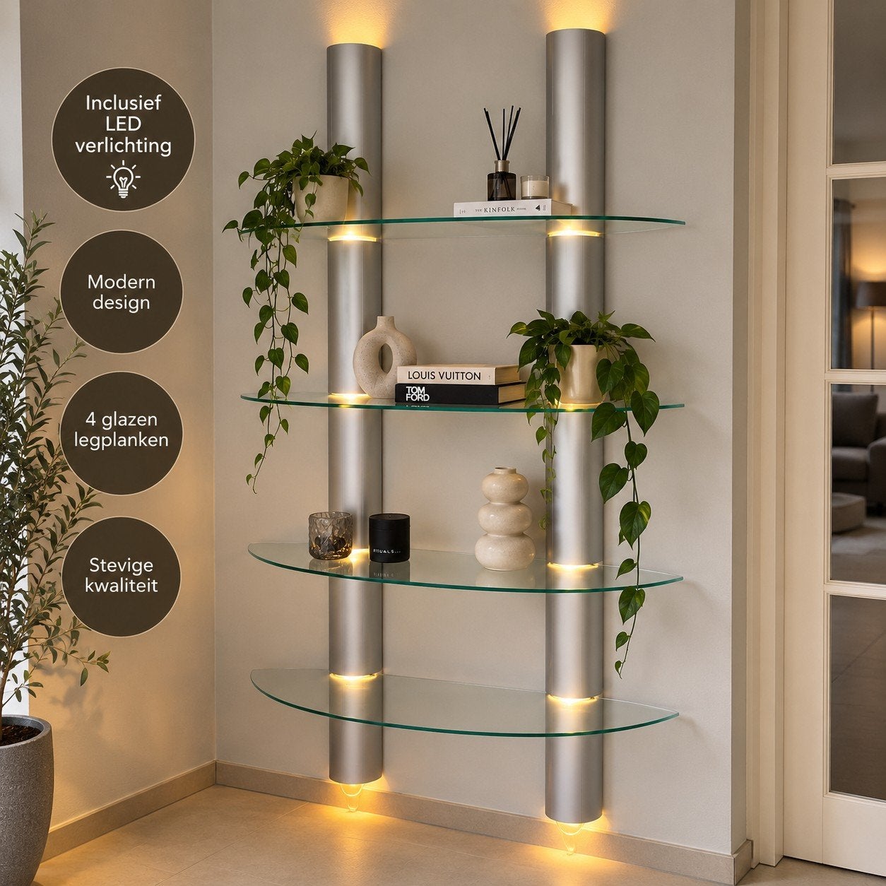 Design wandrek met verlichting – 4 glazen planken – netjes, Ophalen, Zo goed als nieuw