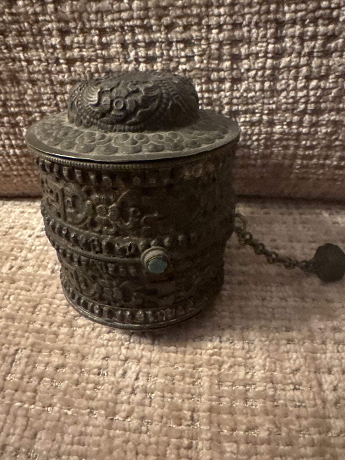 Originele Oude Tibetaanse Gebedsmolen met Turkoois, Ophalen of Verzenden