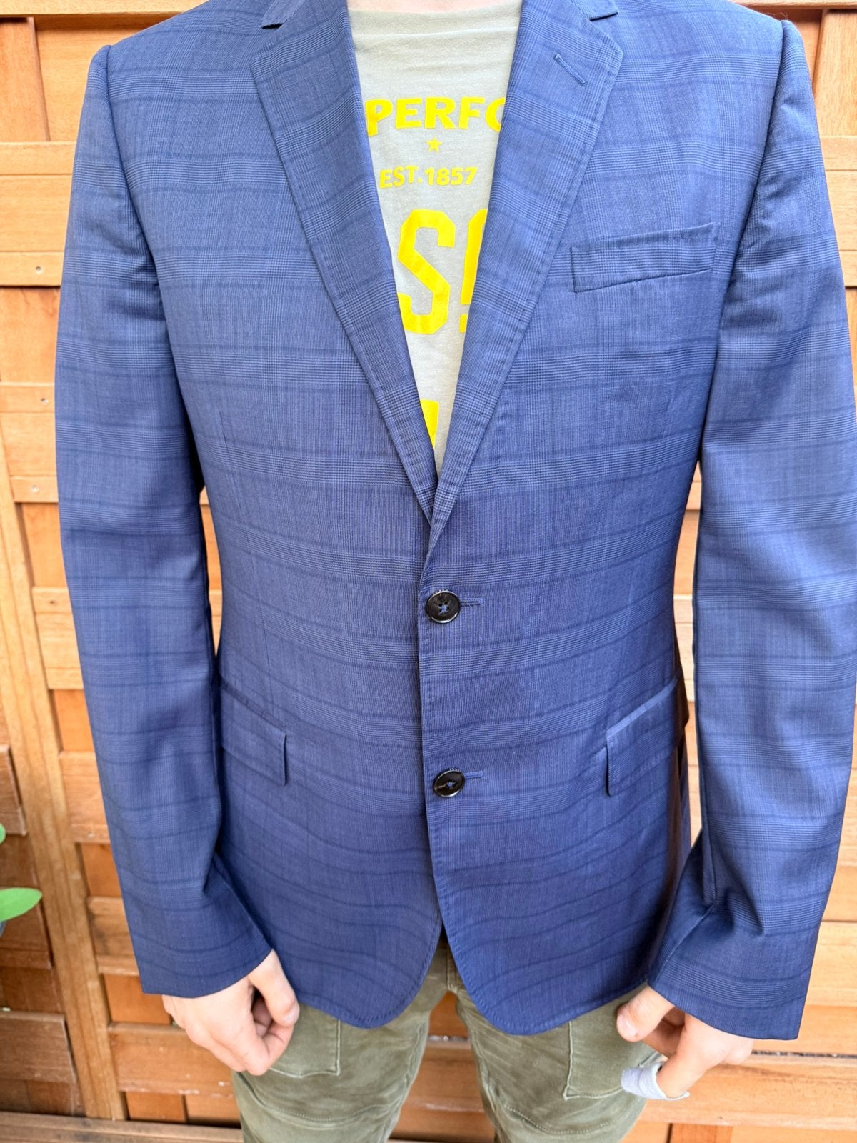 Gucci slank gesneden heren colbert 52-r blauw geruit, Ophalen, Zo goed als nieuw, Maat 52/54 (L), Blauw