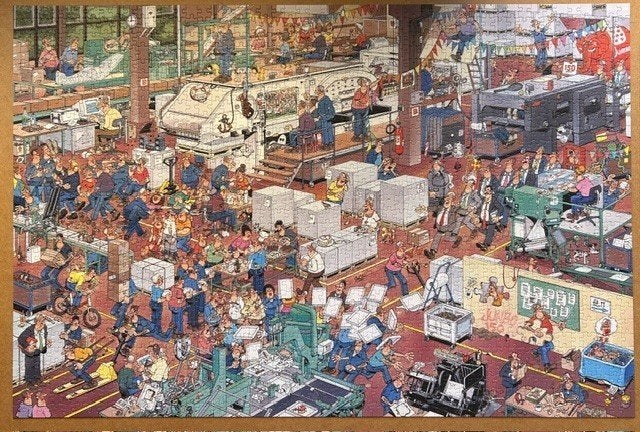 Jan van Haasteren puzzel: De Puzzelfabriek. 1500 stukjes., Ophalen of Verzenden, 500 t/m 1500 stukjes, Zo goed als nieuw, Legpuzzel