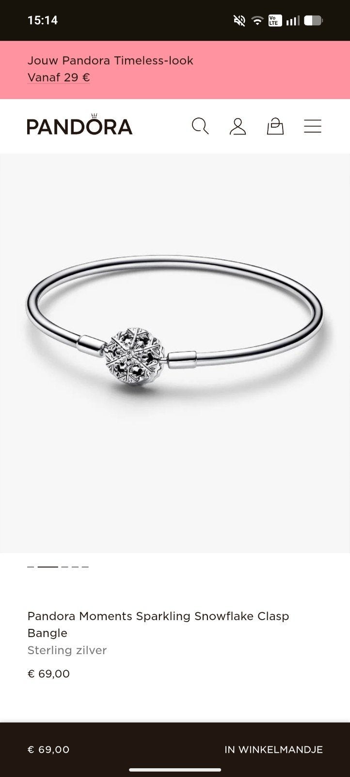Pandora Moments Sparkling Snowflake Clasp Bangle - Maat 21, Sieraden, Tassen en Uiterlijk, Armbanden, Met kristal, Ophalen of Verzenden
