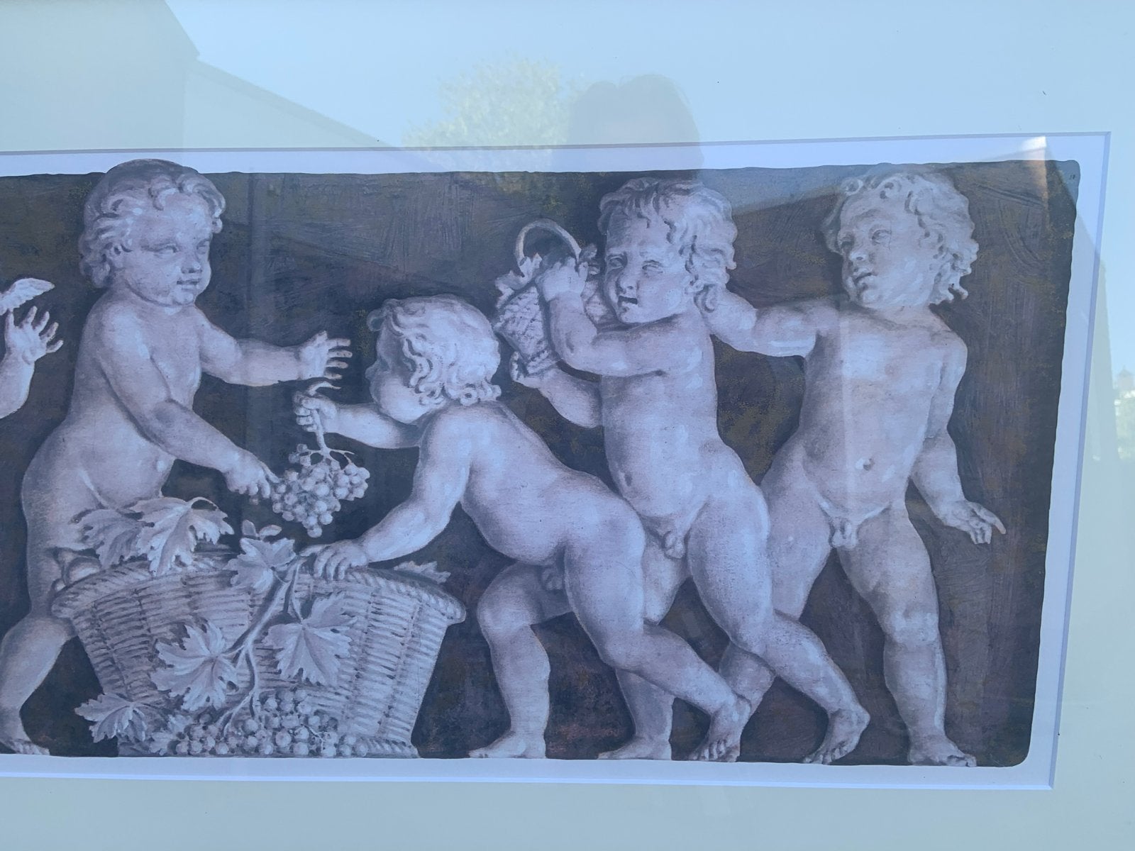 Klassiek schilderij met putti en druiven in sierlijke lijst, Klassiek, Print, Overige onderwerpen, Papier