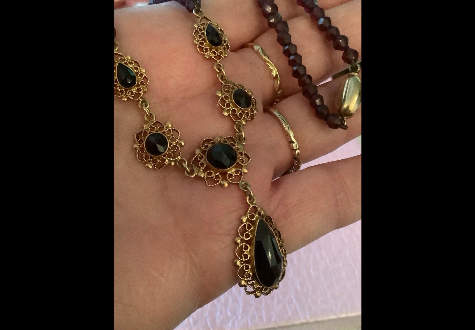Vintage gouden collier edelsteen Granaat ketting , 14 k goud, Verzenden, Zo goed als nieuw, Met edelsteen, Goud