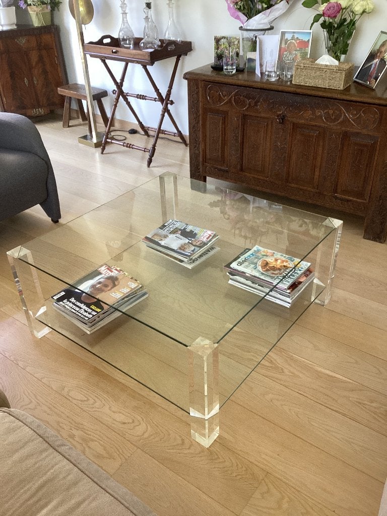 Glazen salontafel in goede staat – BOR Design, Huis en Inrichting, Ophalen, Gebruikt, 50 tot 100 cm, 50 tot 100 cm