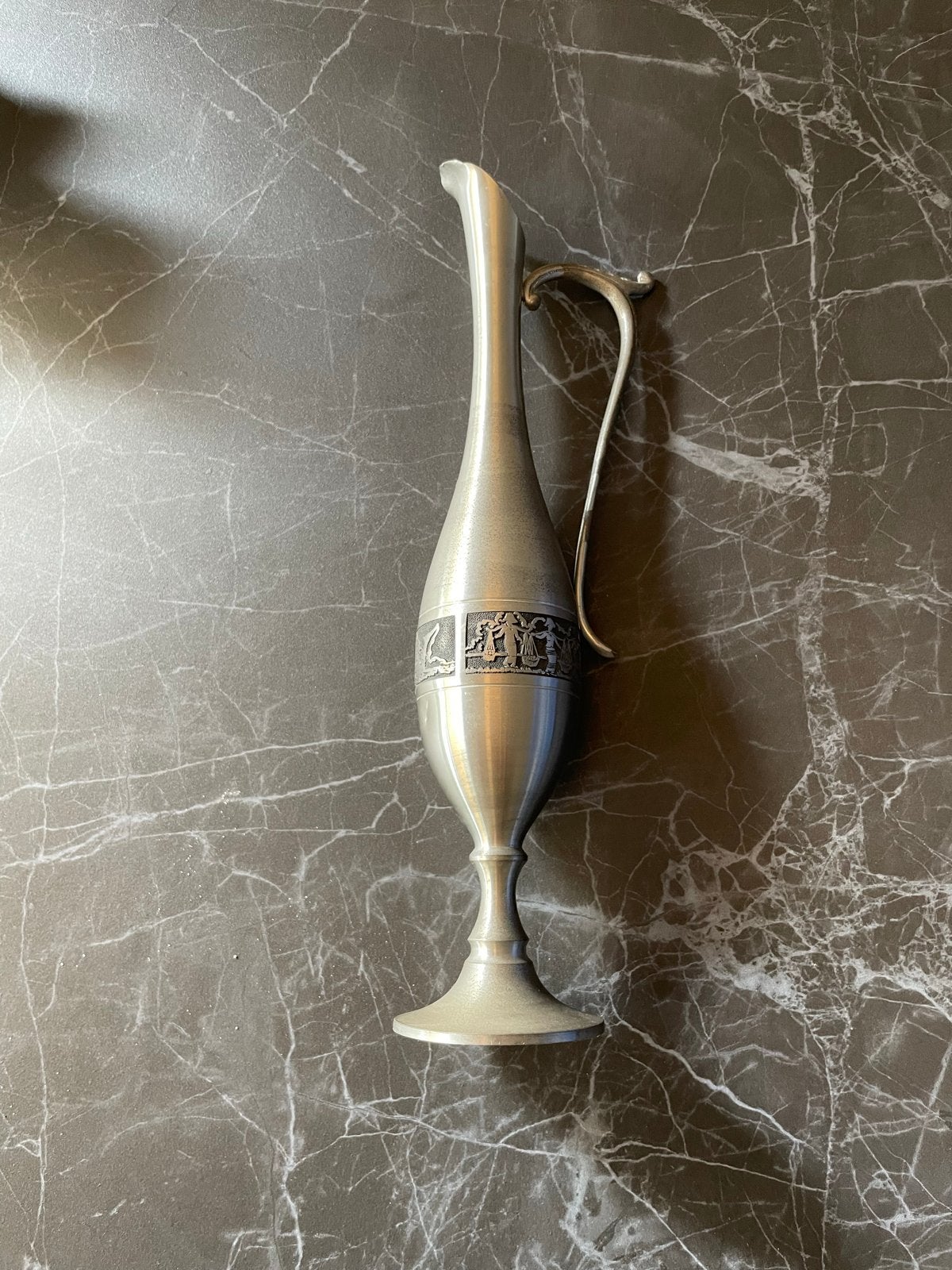 Vintage tinnen vaas met handvat en decoratie, Ophalen of Verzenden