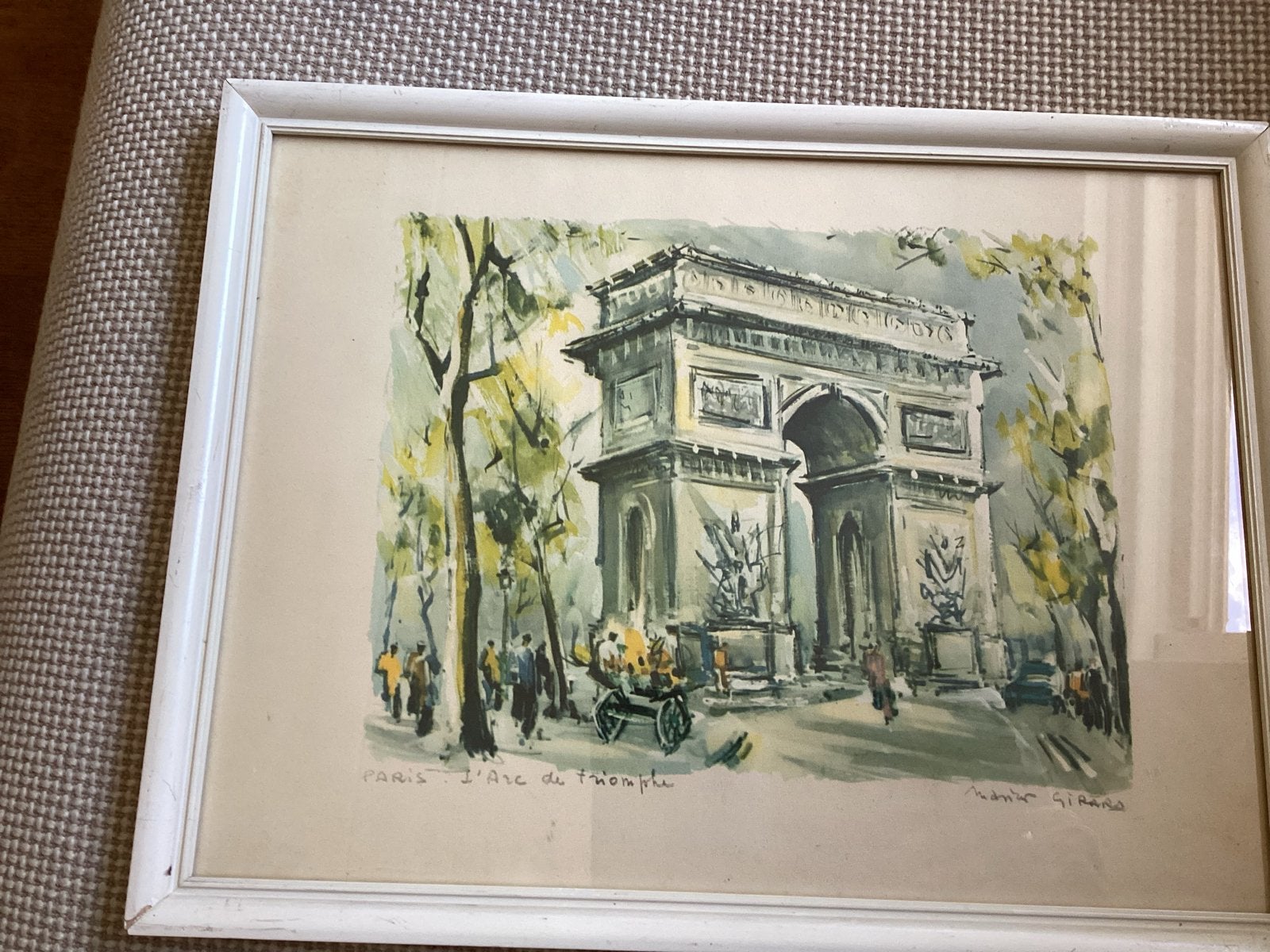 Vintage Litho/Aquarel Arc de Triomphe - Marius Girard, Antiek en Kunst, Ingelijst, 1950 - 1999, Stadsgezicht, Ophalen of Verzenden