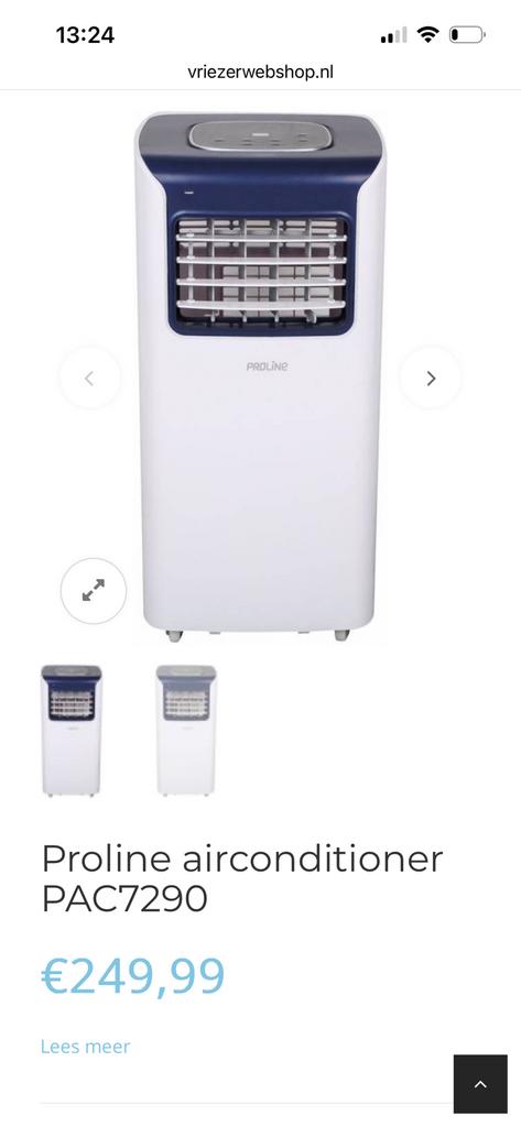 Proline mobiele airconditioner, model PAC7290, Ophalen, Minder dan 60 m³, 3 snelheden of meer, Zo goed als nieuw