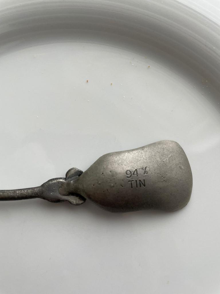 Antieke tinnen lepel met 94% tin markering, Ophalen of Verzenden