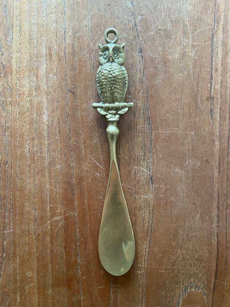Vintage zware messing schoenlepel met uil, Antiek en Kunst, Antiek | Koper en Brons, Ophalen of Verzenden