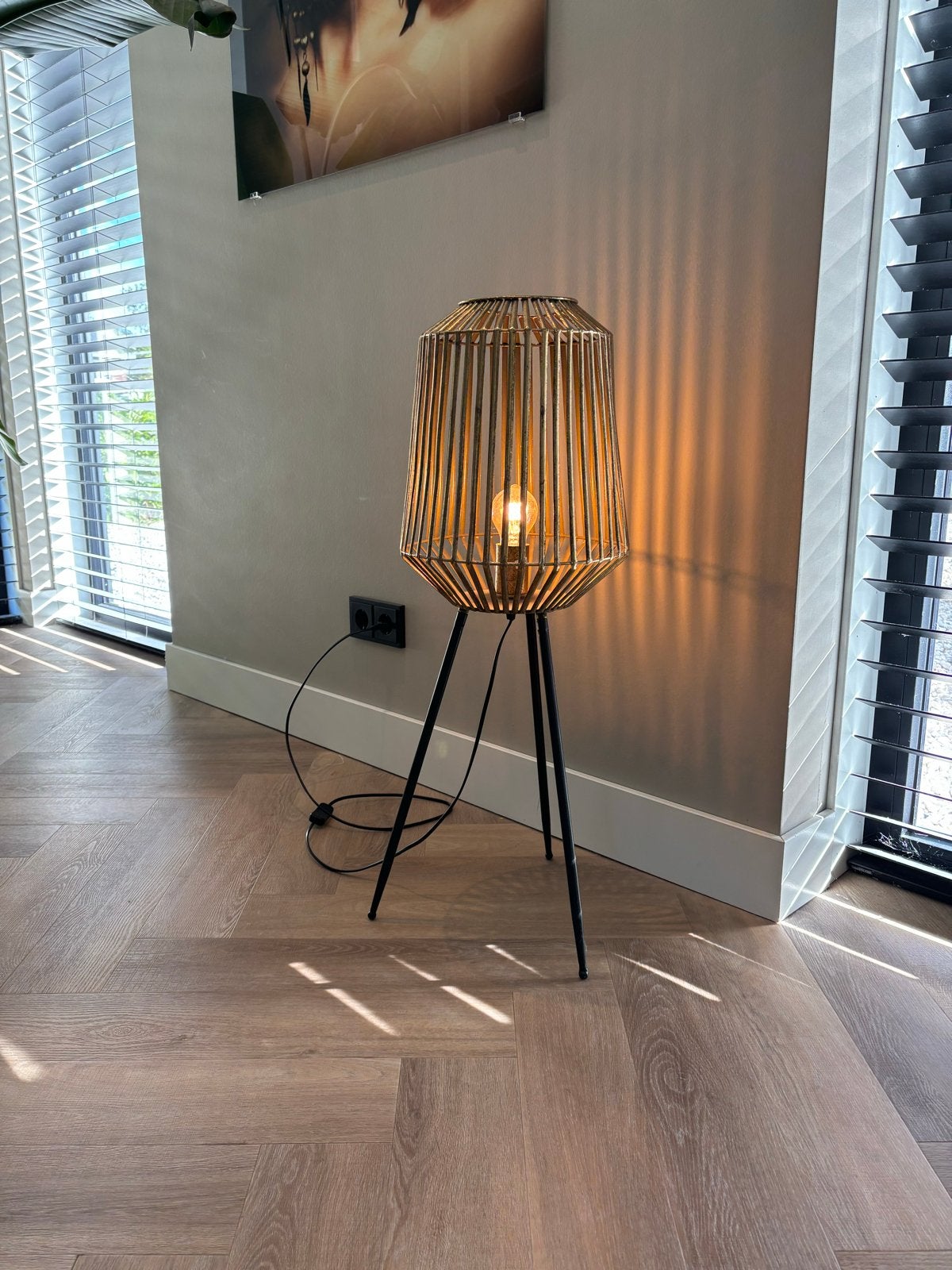 Stijlvolle staande lamp met gouden kooi design, Ophalen, E27 (groot), Zo goed als nieuw, Minder dan 100 cm