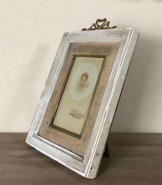 Antiek Frans strik lijstje met originele portretfoto ca 1880, Ophalen of Verzenden