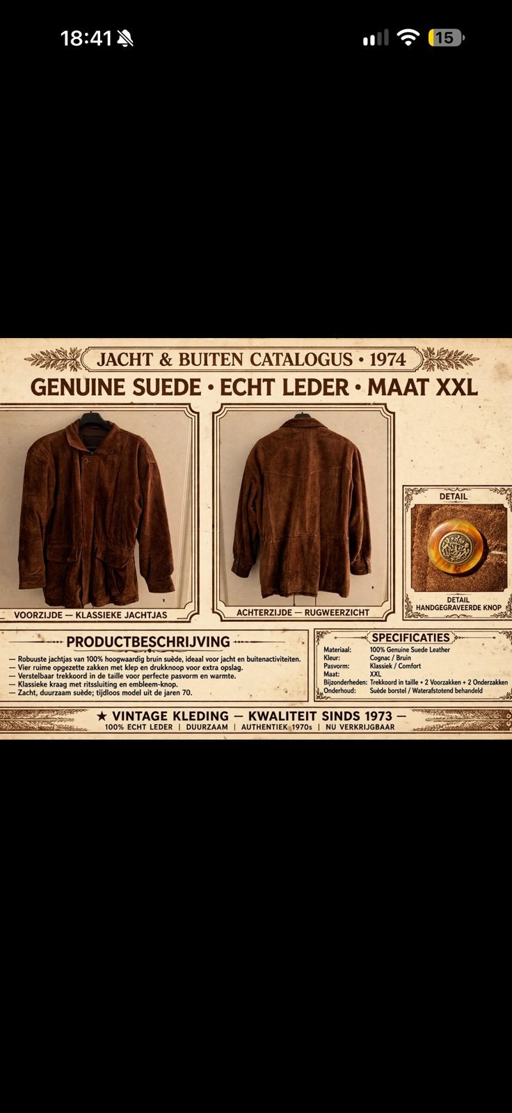 Vintage Suède Jas 52/XXL Echt Leder Bruin - 70s Jacht, Ophalen of Verzenden, Zo goed als nieuw, Overige maten, Bruin