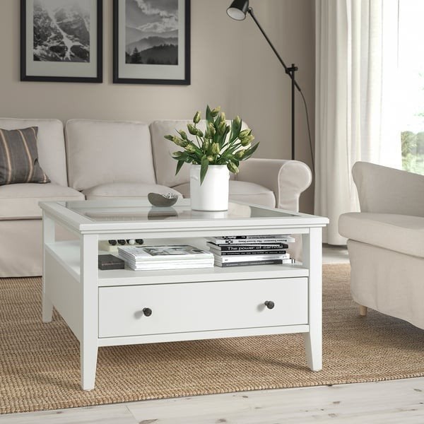 IKEA IDANÄS salontafel met opbergruimte - zo goed als nieuw, 50 tot 100 cm, Modern, Scandinavisch, Glas, Vierkant