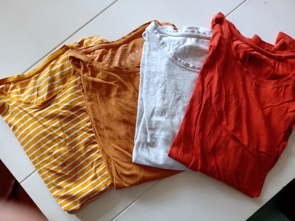 Paket 4 Langmouw T-Shirts Geel Grijs Oranje Maat XS 34/36, Kleding | Dames, Ophalen of Verzenden, Gedragen, Maat 34 (XS) of kleiner