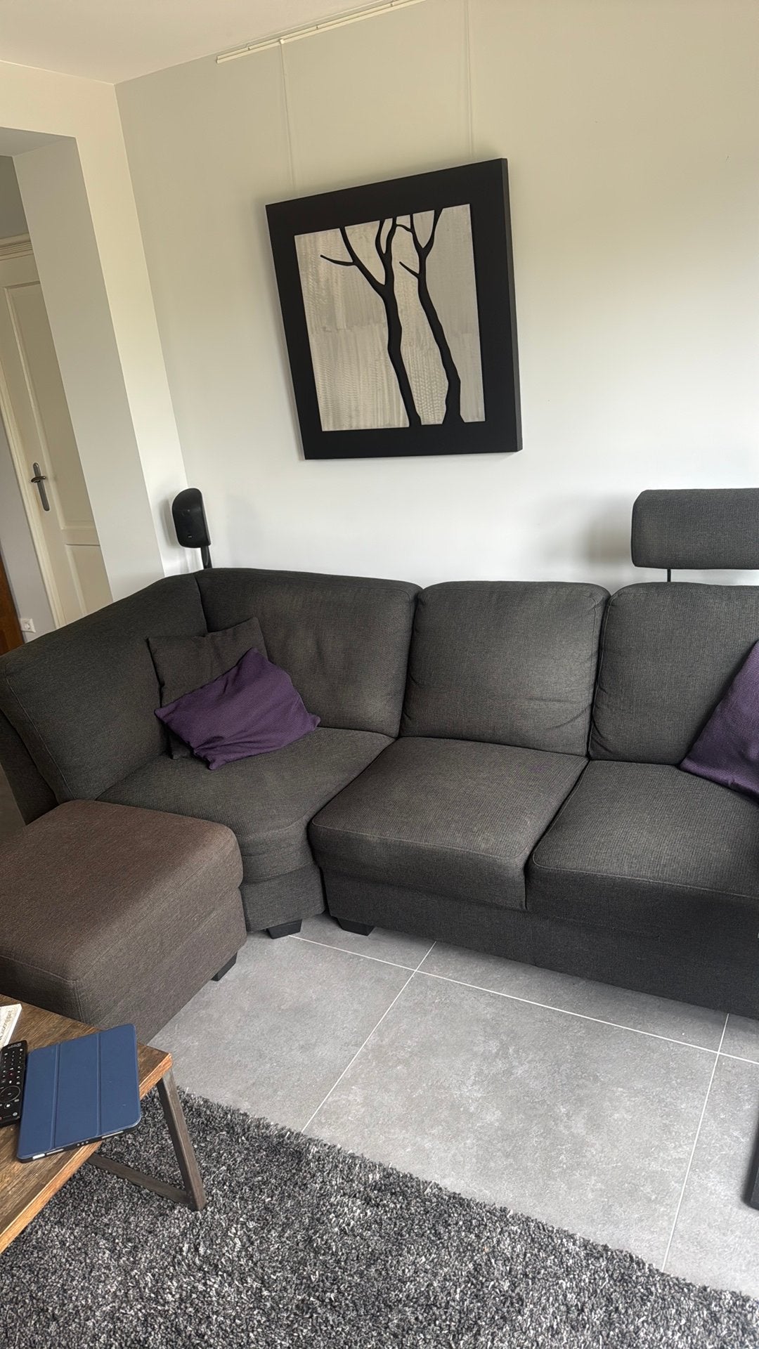 Comfortabele grijze hoekbank met chaise longue, Ophalen of Verzenden, Gebruikt, Stof