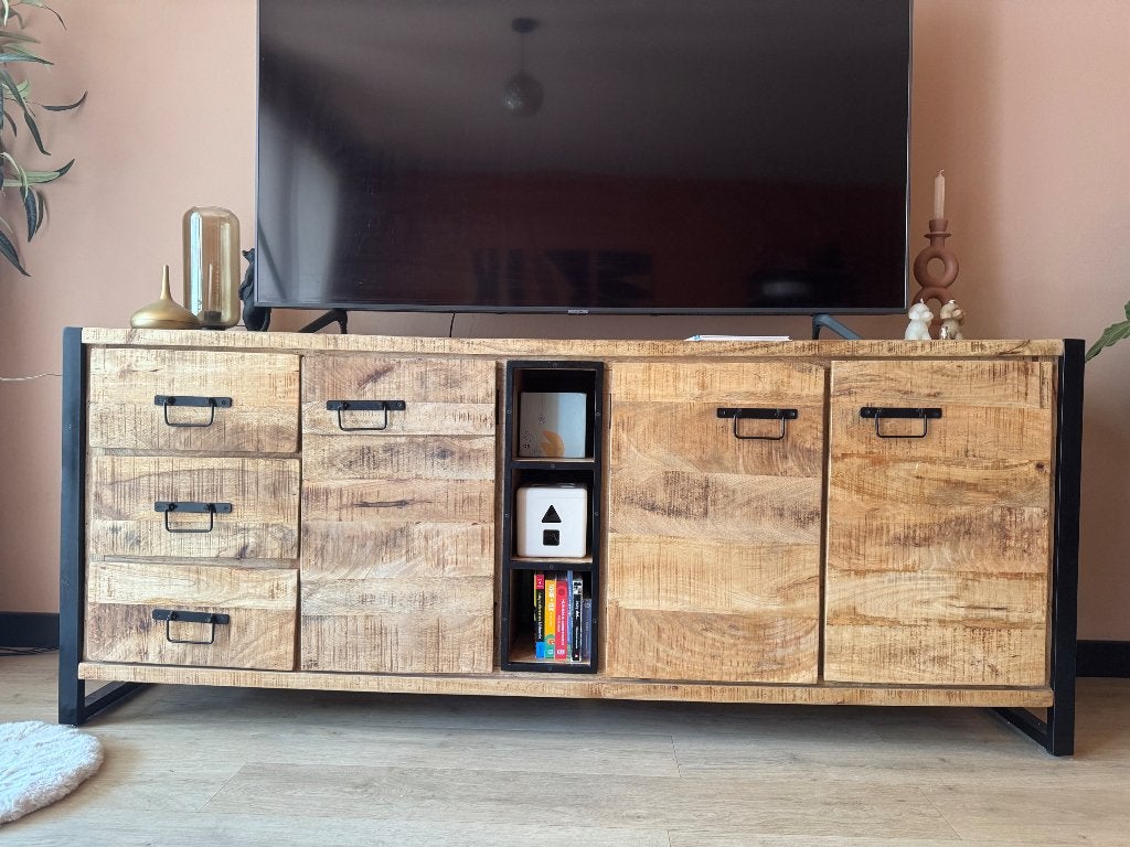 Tv meubel/ dressoir Mango hout, Ophalen, Gebruikt, 150 tot 200 cm, Minder dan 100 cm