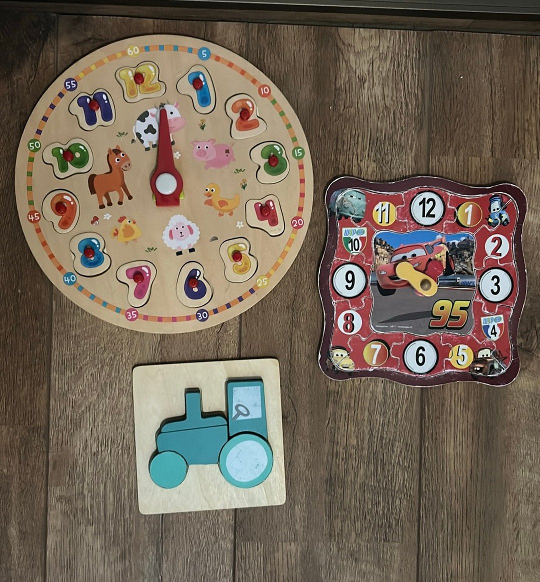 3 houten puzzels - vormen puzzel klok - Cars, Ophalen, Gebruikt, Overige typen
