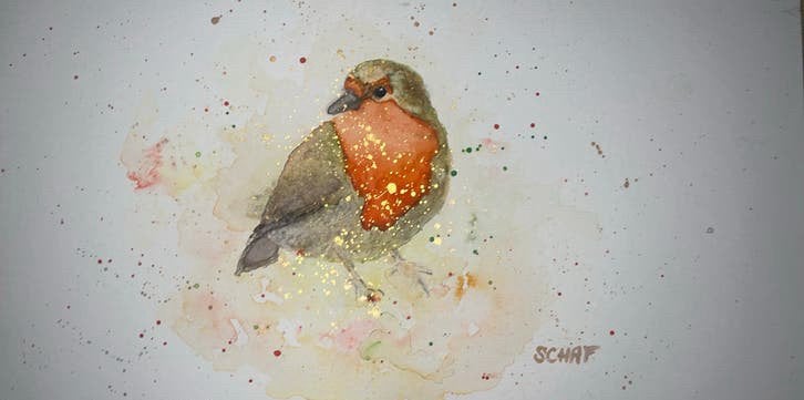 Vogel  roodborstje  aquarel, Aquarel, Handgeschilderd, Papier/karton, Ophalen of Verzenden