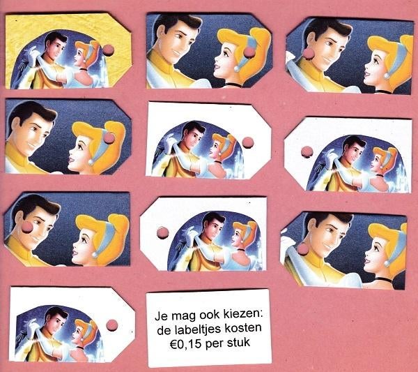 0227) assepoester labeltjes, Verzamelen, Disney, Zo goed als nieuw, Overige typen, Assepoester of Belle, Ophalen of Verzenden