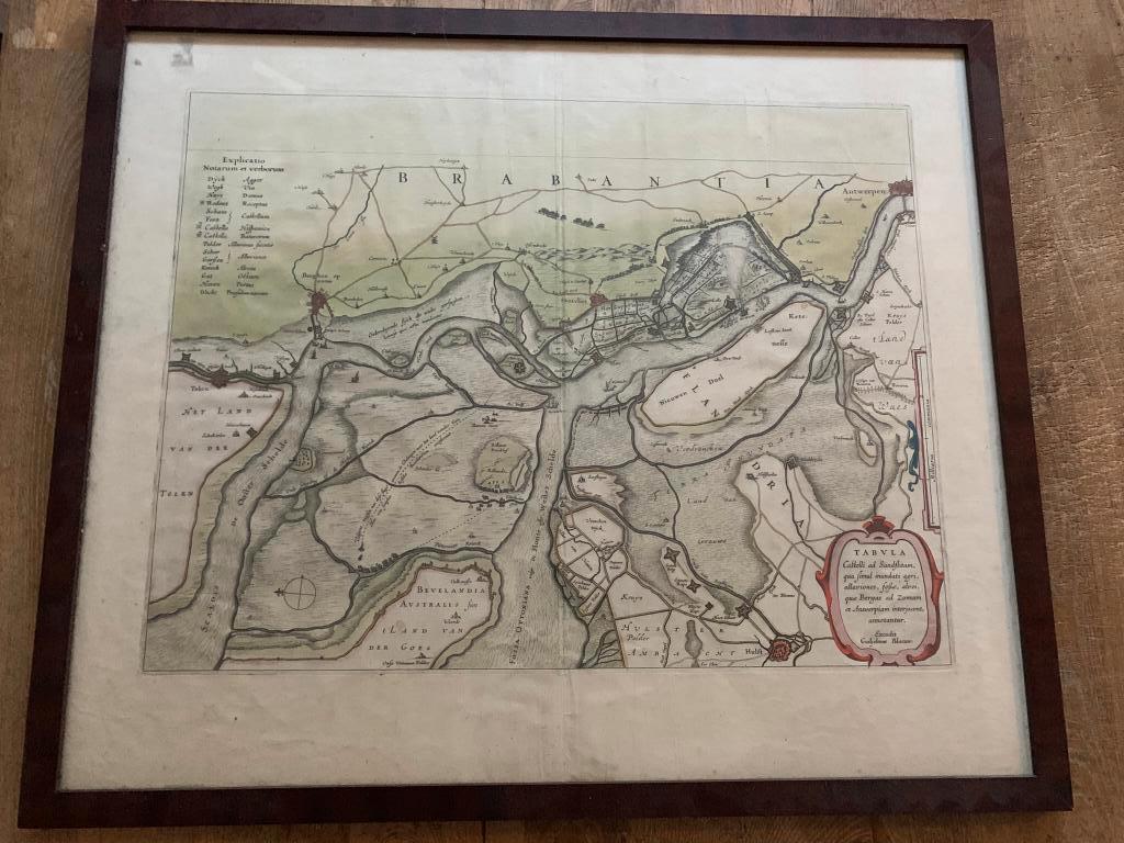 Kaart Bergen op Zoom Antwerpen 1630 handgekleurd in lijst, Antiek en Kunst, Kunst | Etsen en Gravures, Ophalen