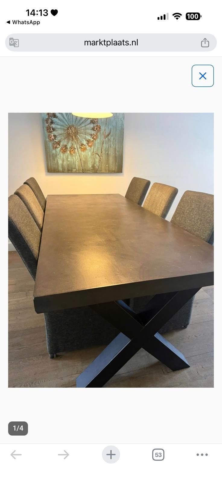 Betonlook tafel en 6 stoelen op wielen, Ophalen of Verzenden