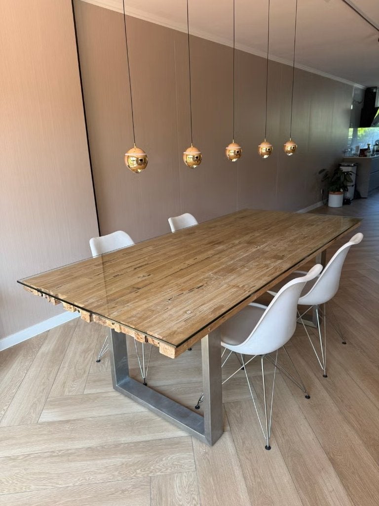 Vintage Eettafel 220x100 met Glazen Blad en Metalen Poten, Ophalen, Gebruikt, Vintage, 200 cm of meer