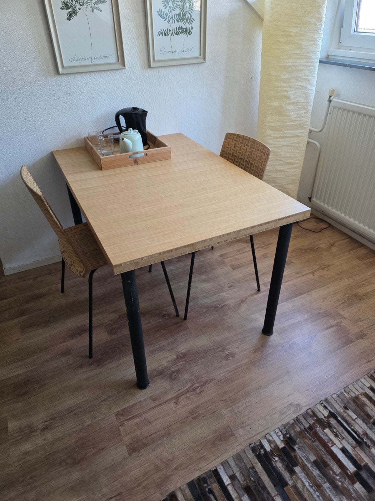 Bamboe eettafel met 2 bamboe stoelen, Gebruikt, Tot twee personen, 50 tot 100 cm, Rechthoekig