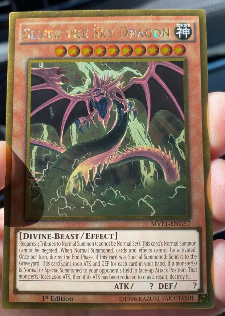 Yu-Gi-Oh! Slifer the Sky Dragon MVP1 1st Edition !, Ophalen of Verzenden, Gebruikt, Losse kaart, Foil
