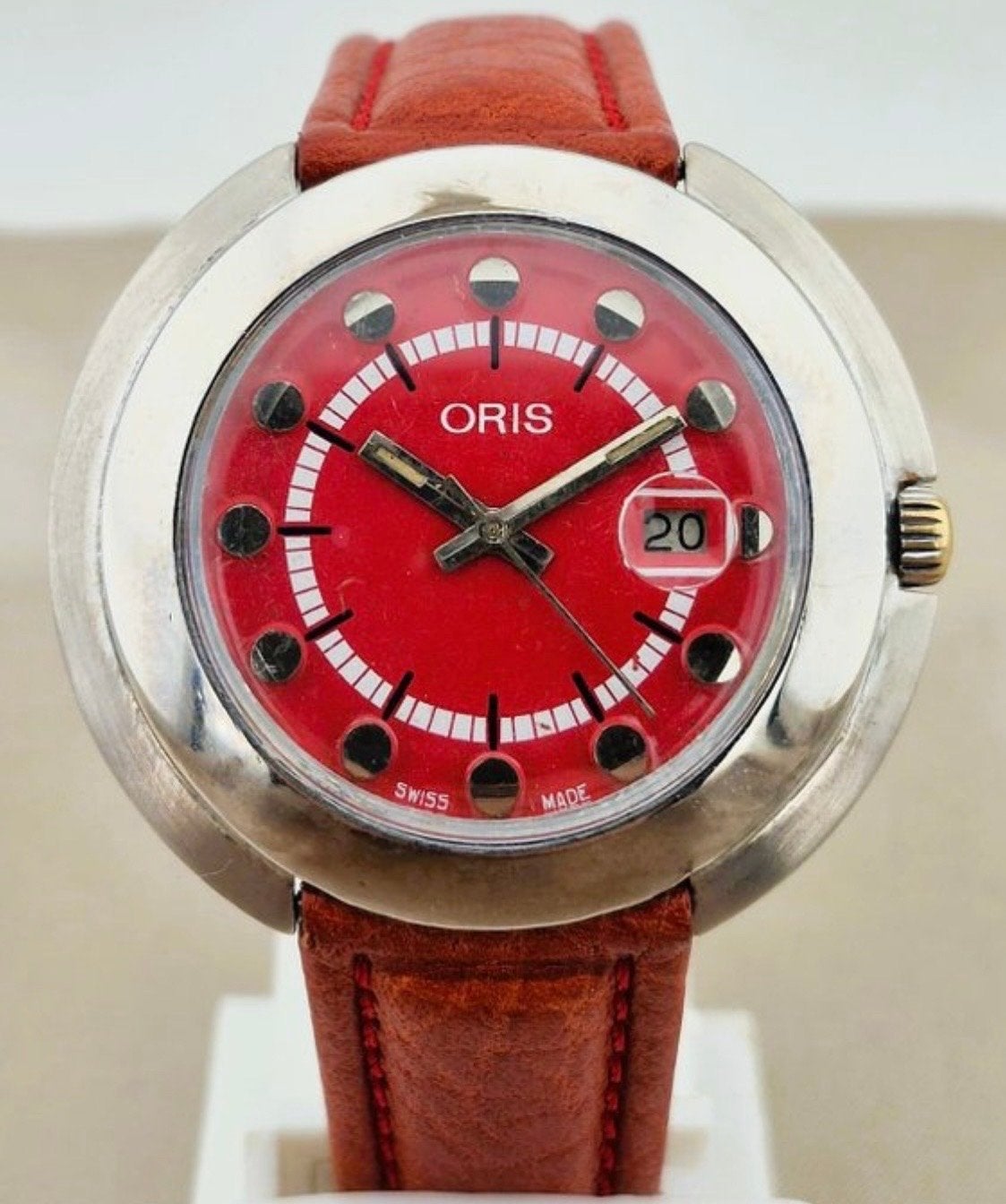 Vintage Oris UFO Red Dial 42mm Handopwind Jaren 70, Overige merken, Staal, Polshorloge, Ophalen of Verzenden
