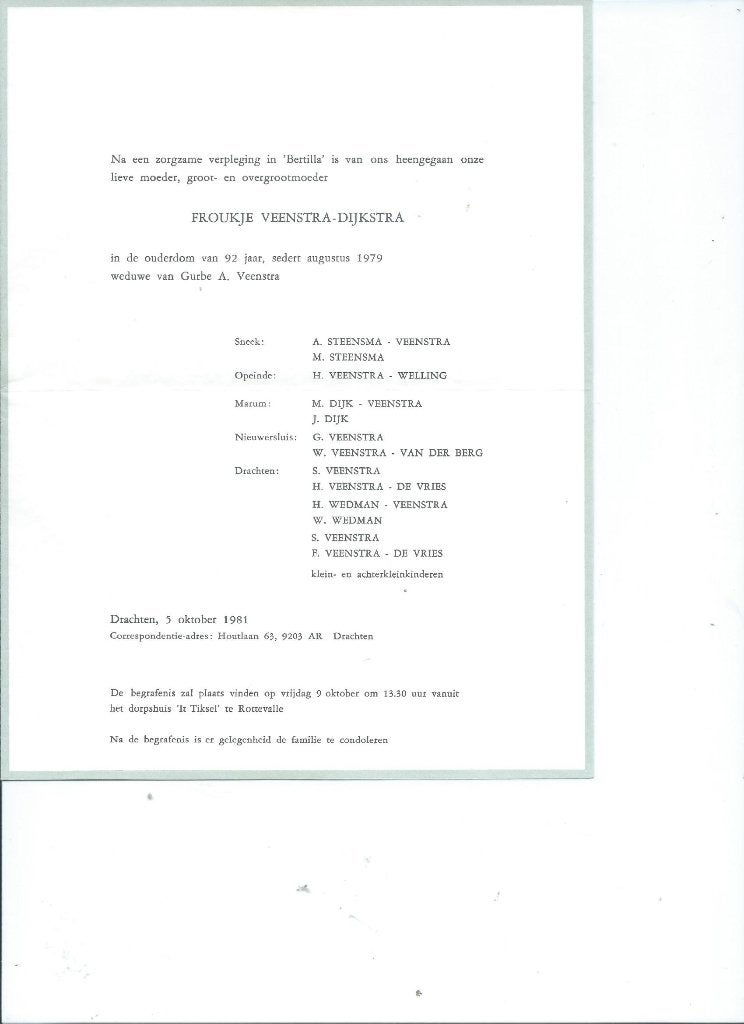 Rouwkaart Froukje Veenstra, Ophalen of Verzenden, Rouwkaart