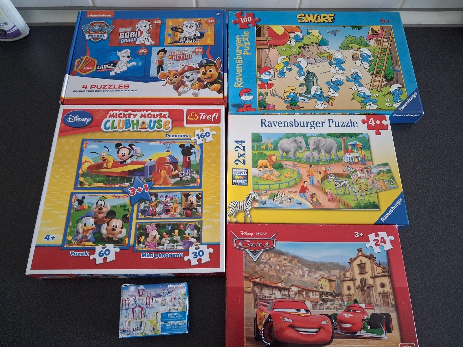 Diverse kinderpuzzels: Paw Patrol, Mickey Mouse, Smurf, Cars, Kinderen en Baby's, Ophalen, Gebruikt, 4 tot 6 jaar