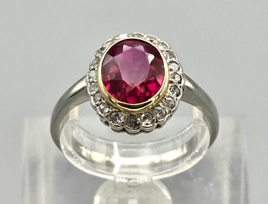Gouden Vintage bi-color ring robijn en diamanten. 2026/450, Sieraden, Tassen en Uiterlijk, Ringen, ., Ophalen of Verzenden, Zo goed als nieuw