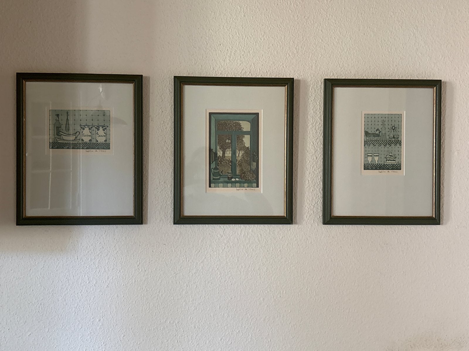 Set van 3 ingelijste etsen van Laetitia de Haas, Antiek en Kunst, Kunst | Etsen en Gravures, Ophalen, Dagelijks leven, Gesigneerd