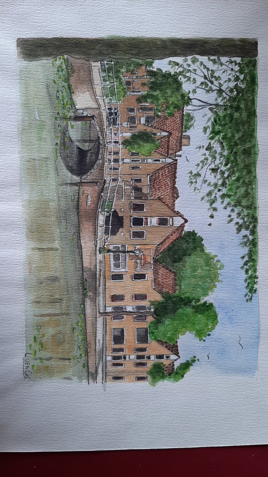Originele aquarel L. den Os - Stadsgezicht Leiden, Ophalen of Verzenden, Aquarel, Origineel werk, Papier