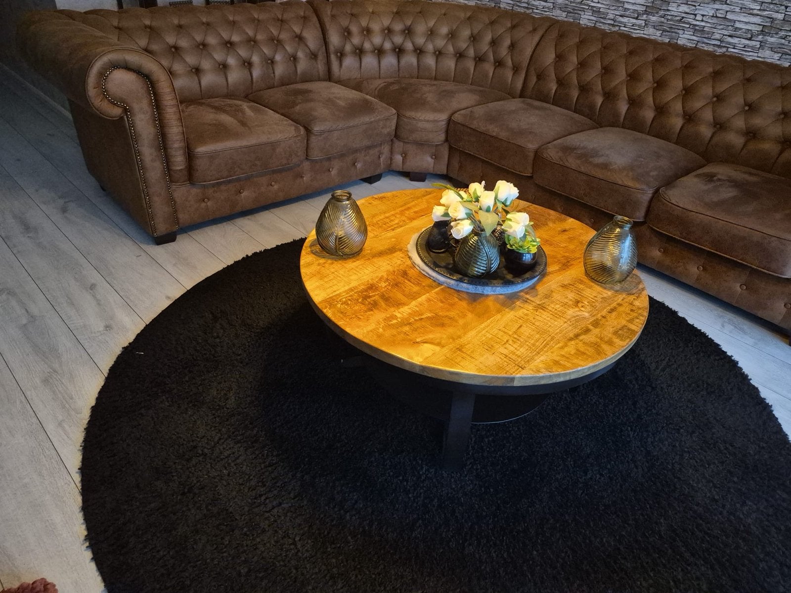 Chesterfield Hoekbank Nubuck - Bruin, Ophalen, Zo goed als nieuw, Leer
