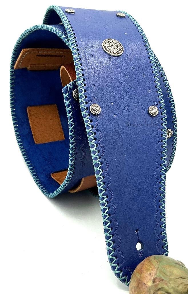 Gitaarband lederen GB007 130-180cm leer blauw bruin conCHO, Verzenden, Zo goed als nieuw, Elektrische gitaar