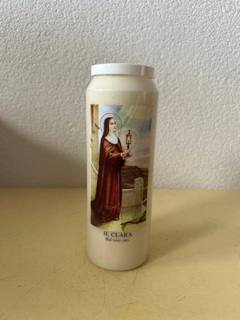 Noveenkaars Heilige Clara van Assisi wit 18x5.5 cm, Verzamelen, Ophalen of Verzenden, Nieuw, Overige typen, Christendom | Katholiek
