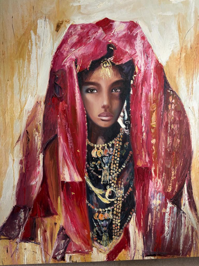 Schilderij 'Vrouw met rode sluier' - Olieverf op doek, Antiek en Kunst, Ophalen