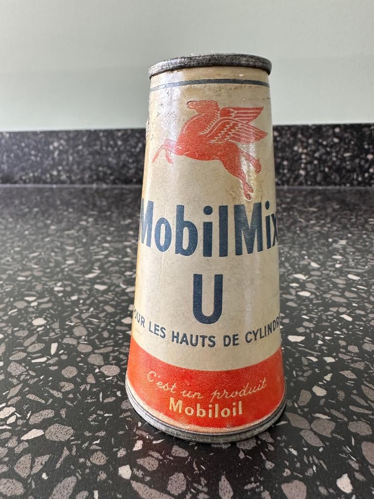 Schitterend conisch MOBILOIL MobilMix blikje., Ophalen of Verzenden, Gebruikt, Gebruiksvoorwerp
