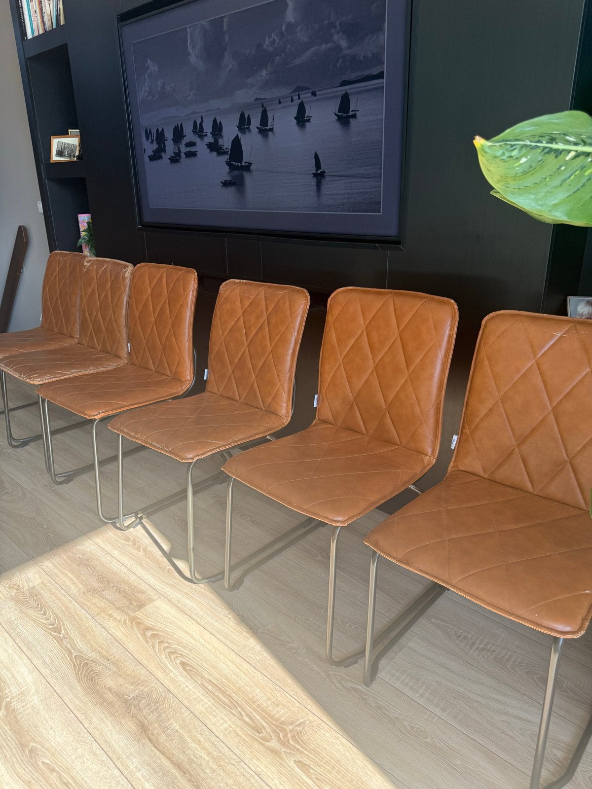 Set van 6 leren eetkamerstoelen kleur cognac, Ophalen, Gebruikt, Bruin, Leer