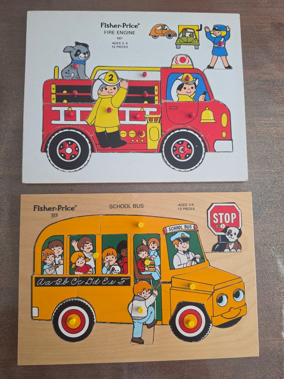 Fisher-Price Houten Puzzels: Schoolbus & Brandweerwagen, Ophalen of Verzenden, Gebruikt, Speelset