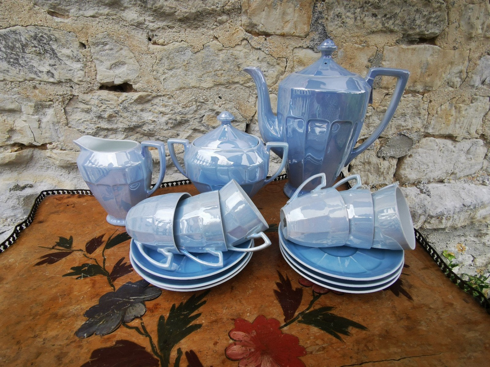 vintage theeservies parelmoer blauw 5x kop en schotel Miekje, Antiek en Kunst, Ophalen of Verzenden