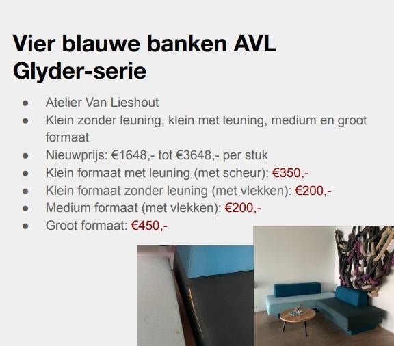 4 blauwe banken AVL Glyder-serie, Ophalen, Gebruikt, Overige maten, AVL Glyder-serie