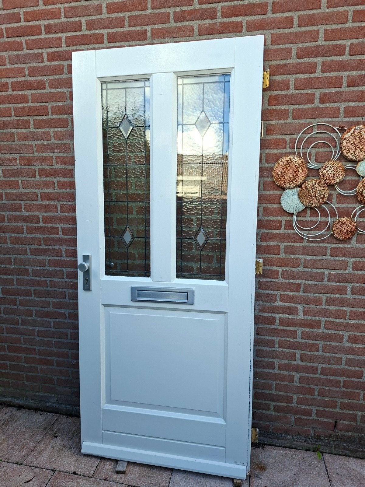 Witte buitendeur met glas-in-lood ramen., Ophalen, Gebruikt, 80 tot 100 cm, Buitendeur