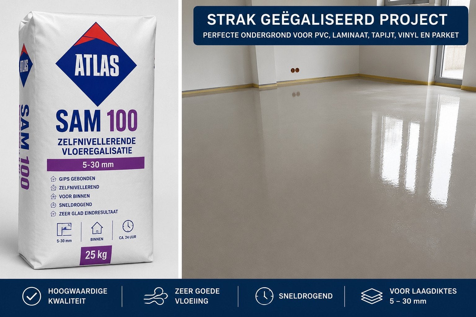 Atlas SAM 100 Zelfnivellerende Vloeregalisatie 25kg, Doe-het-zelf en Verbouw, Vloerdelen en Plavuizen, Nieuw, Overige materialen